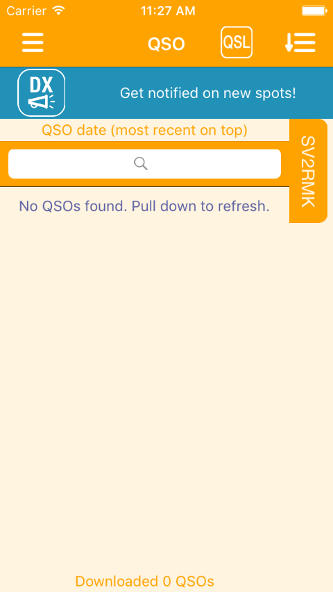 Empty QSO page. Pull down to download QSOs.